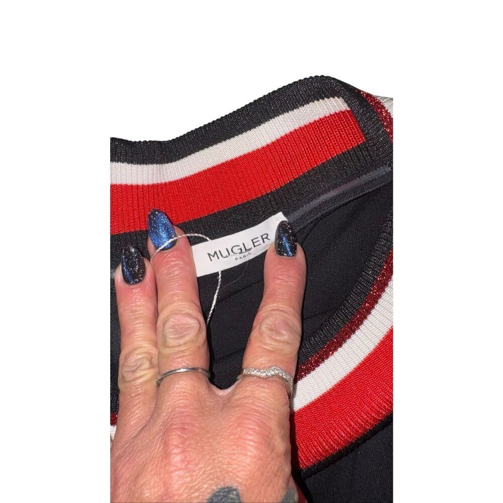 🔥NWOT MUGLER PARIS Black Off Shoulder Body Con Mini Dress Striped Trim Zipper S - Picture 5 of 8